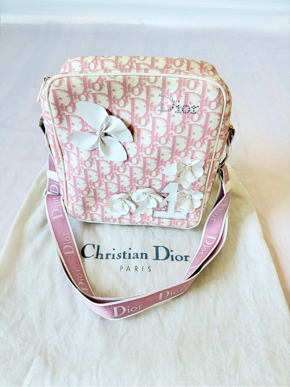 Christian Dior Trotter Pink White Monogram  3D floral Bag Italy with dust bag